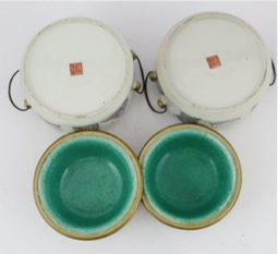 A pair of Chinese famille rose 'Wu Shuang Pu' porridge pots, liners and covers, Daoguang seal marks and of the period (1821-50), star crack to one base